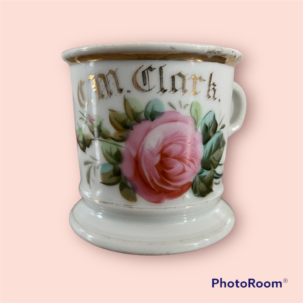 Antique Vintage Barber Shaving Mug Austria Rose Floral C M Clark gold